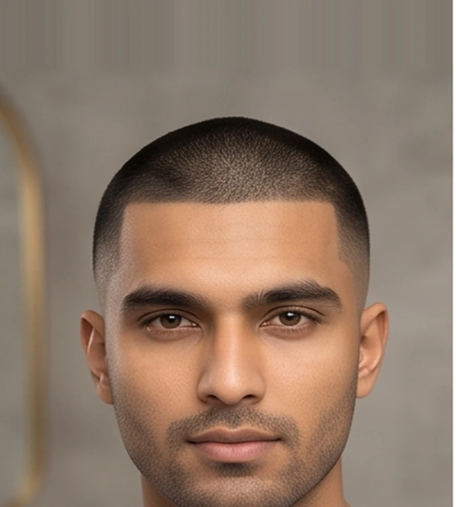 Classic buzz cut short haircut for men with clean uniform length and subtle taper
