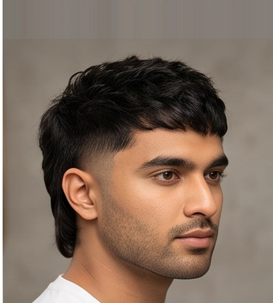 Contemporary soft short mullet haircut for men with textured flow and curved ear fade