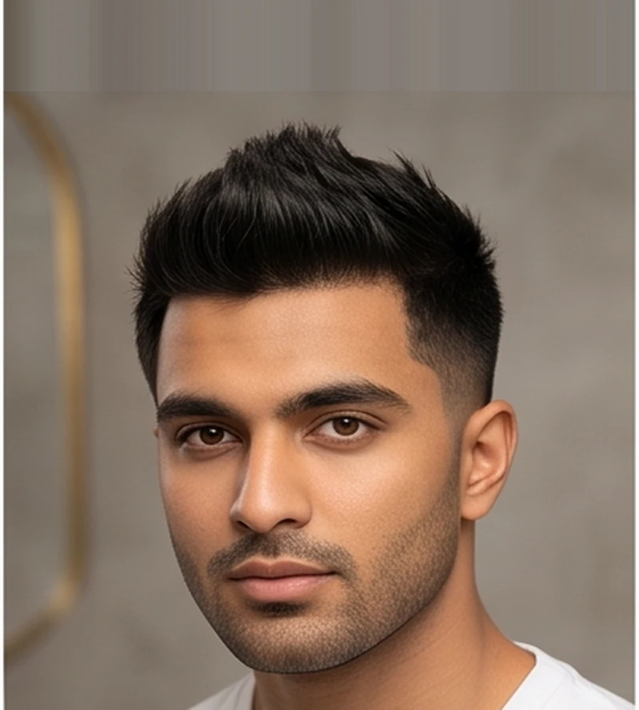 Short faux hawk haircut for men with tapered sides and central upward styling