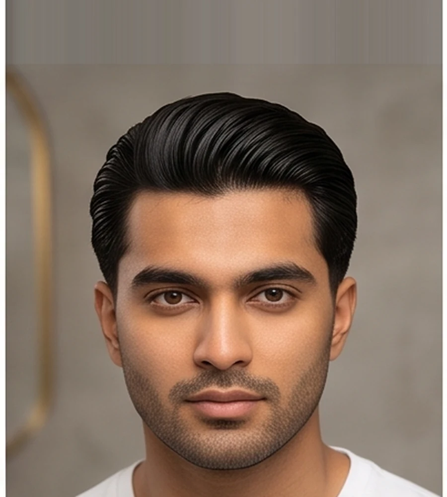 Short slick back hairstyle for men combed neatly backwards with subtle shine