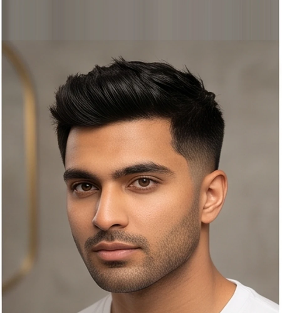 Short textured pompadour hairstyle with swept upward volume and tapered sides