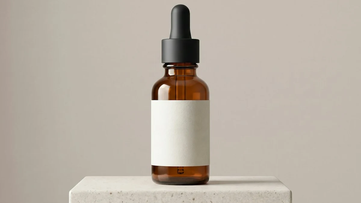 Minimalist amber glass dropper bottle with blank label displayed on stone pedestal for clinical skincare