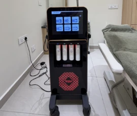 HydraFacial machine with medical-grade serum bottles and smart touch display